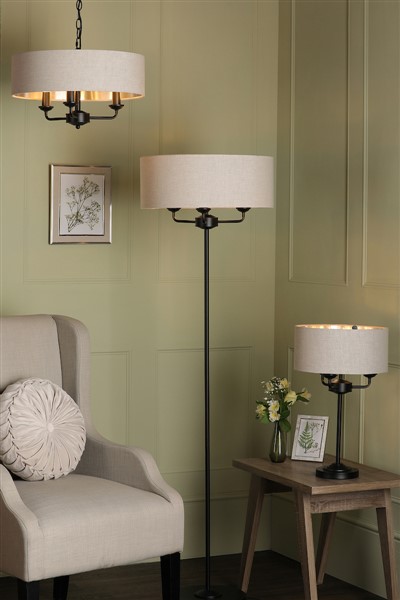 (image for) Laura Ashley Sorrento 3 Light Floor Lamp Matt Black and Natural With Shade
